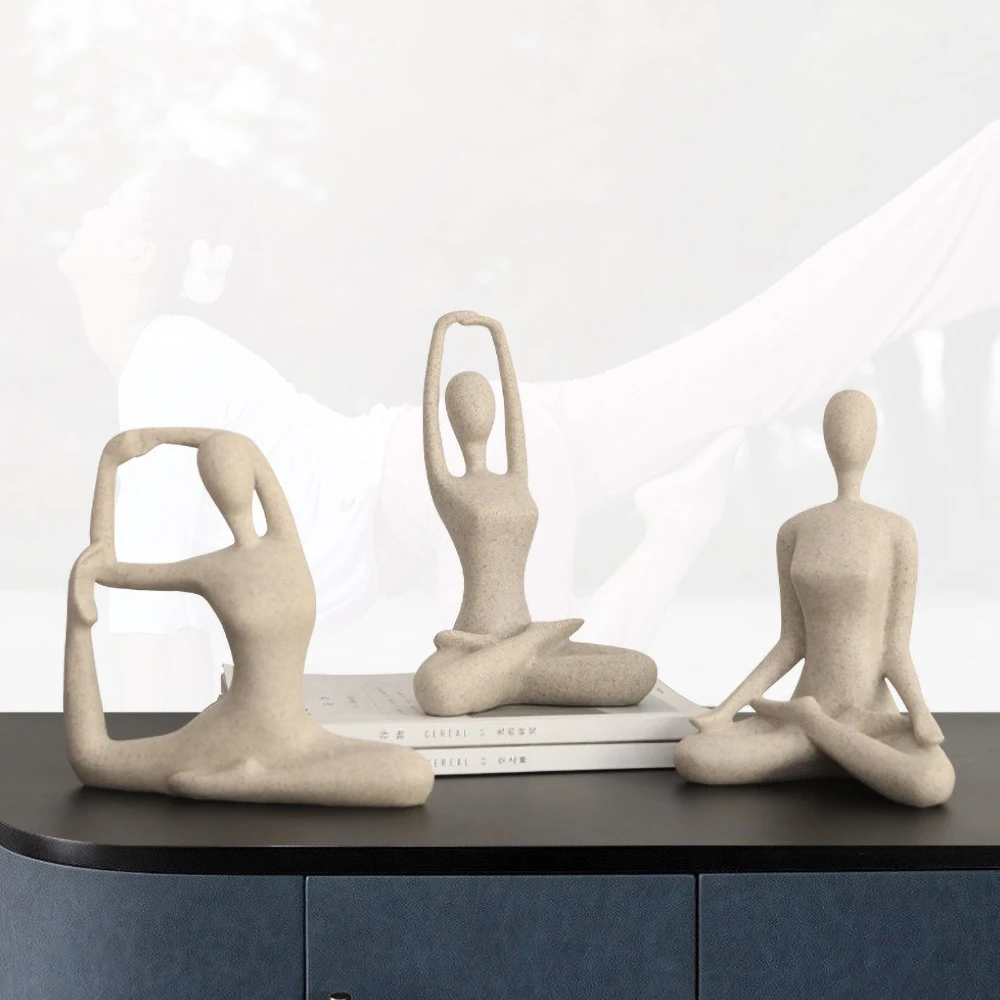 Yoga-Figur mit Sandstein-Finish, Kunstharz-Statue, nordische Zen-Meditationsskulptur für Schreibtischdekoration, Ornament mit minimalistischer Steinstruktur