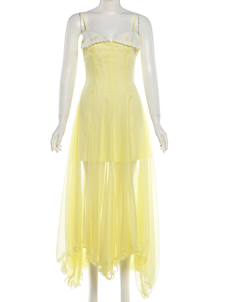 Nibber Irregular Hem Patchwork Maxi Dress Women Low-Neck Ruffles Sleeveless Skinny Summer Elegant Chic Birthday Party Vestidos