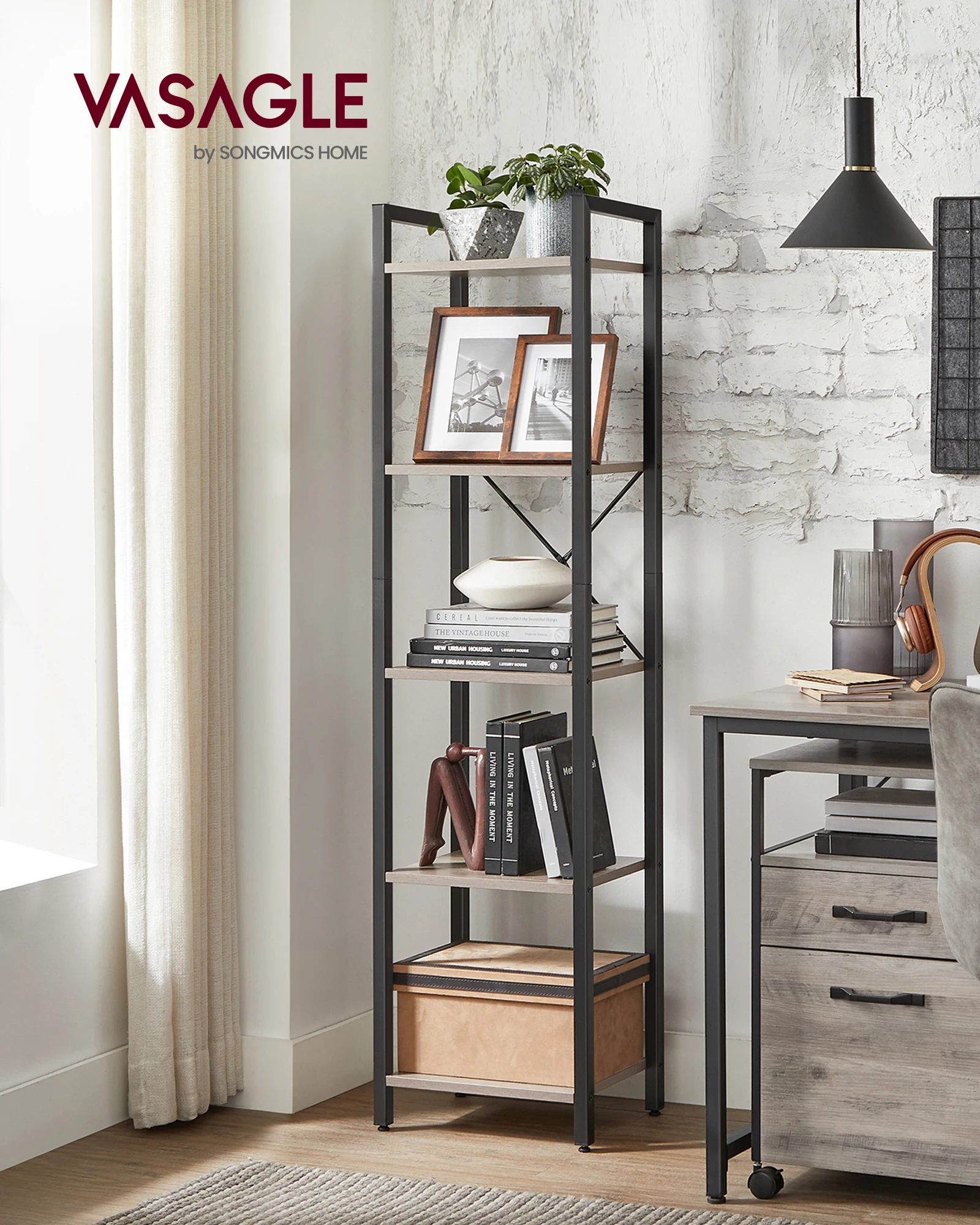 VASAGLE 5-Tier Tall Bookshelf, Narrow Bookcase with Steel Frame, Skinny Book Shelf for Living Room, Home Office, Study