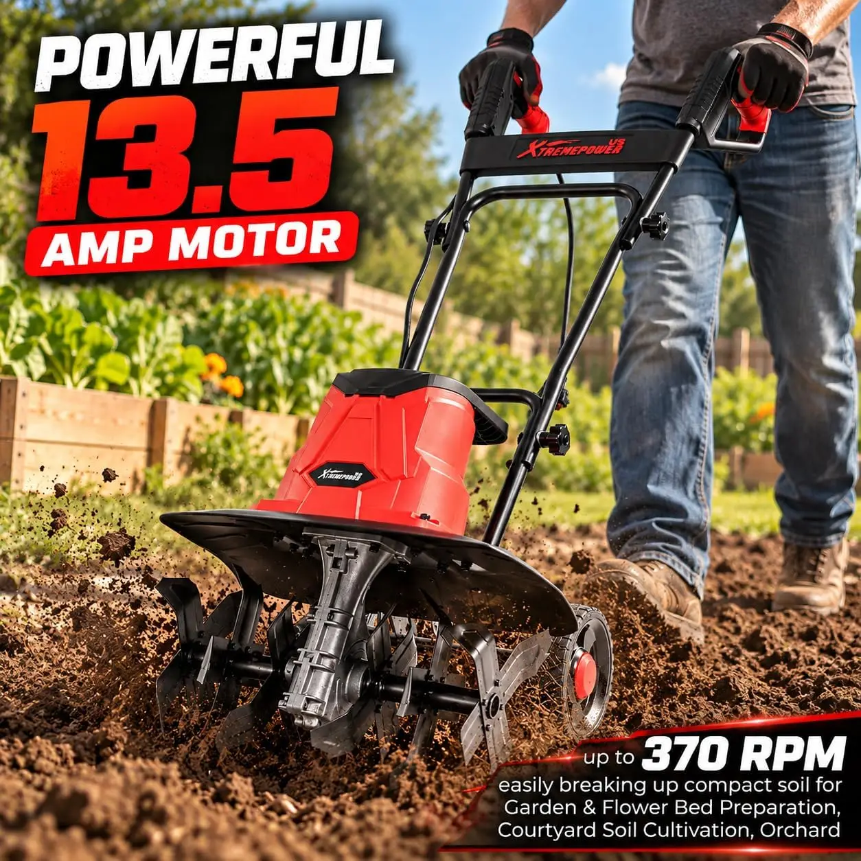 Electric Garden Tiller, 13.5 Amp Corded Cultivator, 16-Inch, with 6 Hardened Steel Tines, 8-Inch Tilling Depth, 370 RPM, Adjustable Wheels for Lawn & Garden, Red