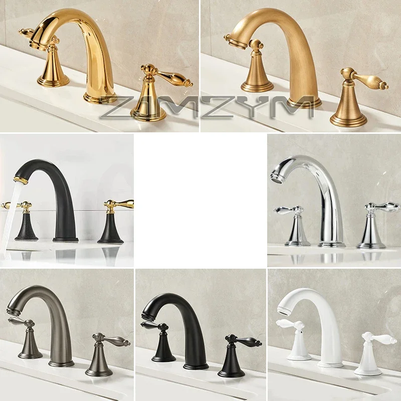 Basin Faucet 3 Holes Dual Control Bathroom Sink Faucet Deck Mounted Cold Hot Vintage Mixer Taps Bathtub Faucet