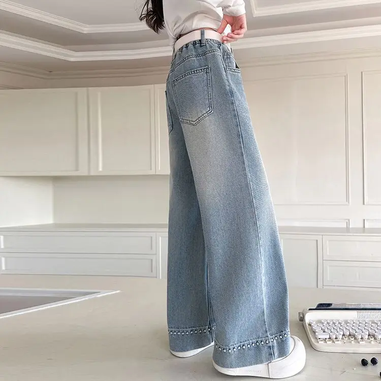 الفتيات نقطة التطريز الجينز 2025 الربيع الخريف جديد الجينز الاطفال فضفاض بنطال ذو قصة أرجل واسعة الأطفال مستقيم الساق واسعة الساق بنطلون