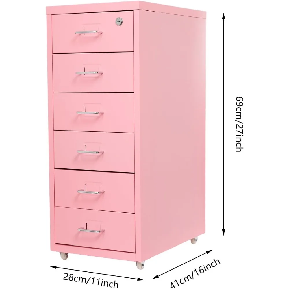 خزانة ملفات ذات 6 أدراج مع قفل، خزانة ملفات عمودية معدنية مع 4 عجلات، منظم تخزين مجلدات المكتب المنزلي العمودي لـ A4