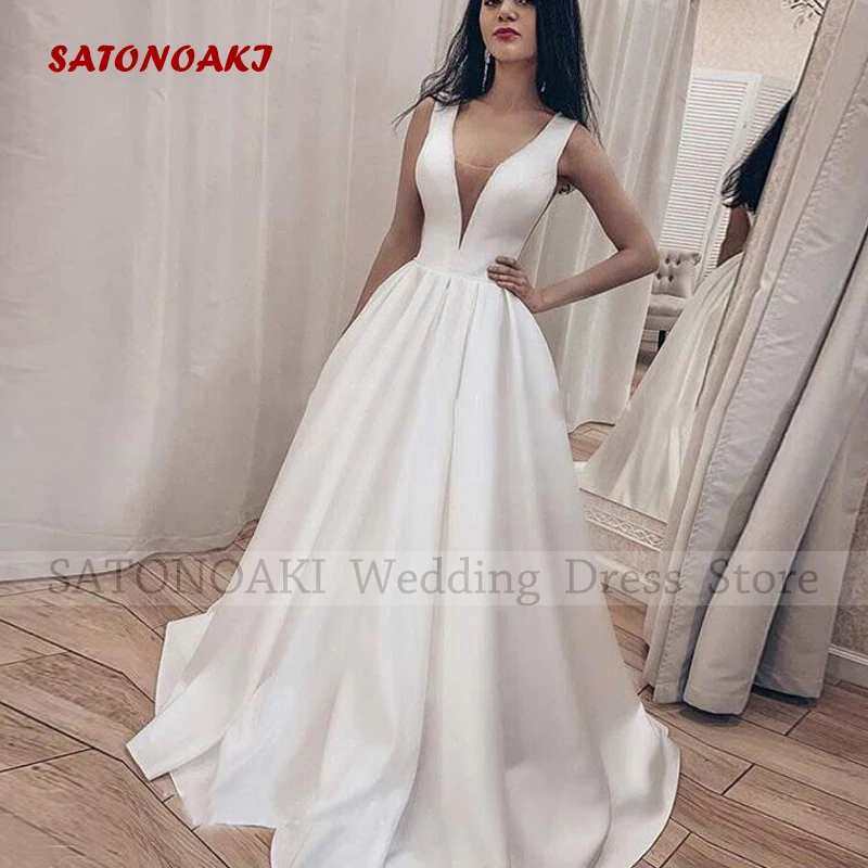 

Elegant Simple Satin V-Ncek Wedding Dresses for Women A-Line Floor Length Sleeveless Lace-up Back Bridal Gowns Vestido De Novia