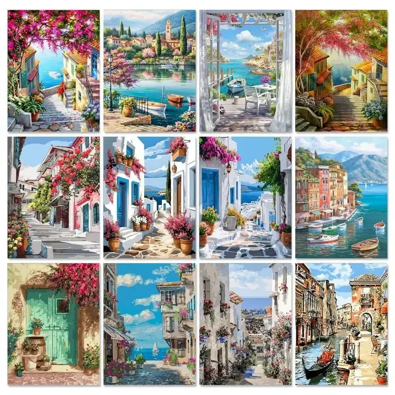 

113589 60X75cm Paint By Numbers For Adults Seaside Town DIY HandPainted Oil Painting Landscape Picture Home Wall Decor Gift