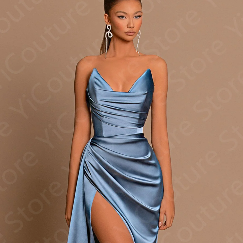 Modern Latest Prom Dress Blue Long Formal Party Gowns Sexy Side Slit Strapless Wedding   Sleeveless Sweep Train