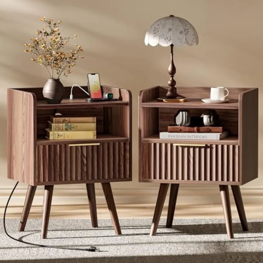 Nightstand with Charging Station, USB-C Port, Fluted Night Stand Set of 2, Bed Side Table with Drawer, Solid Wood Feet, Open St