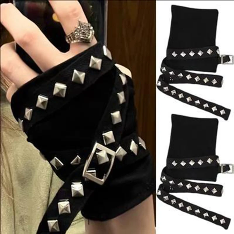 Gothic Rivet Gloves for Women Unisex Y2K Strap Girl Sleeve Hand Cover Teenage Girls Hip Hop Arm Cover Driving Gloves Accessories