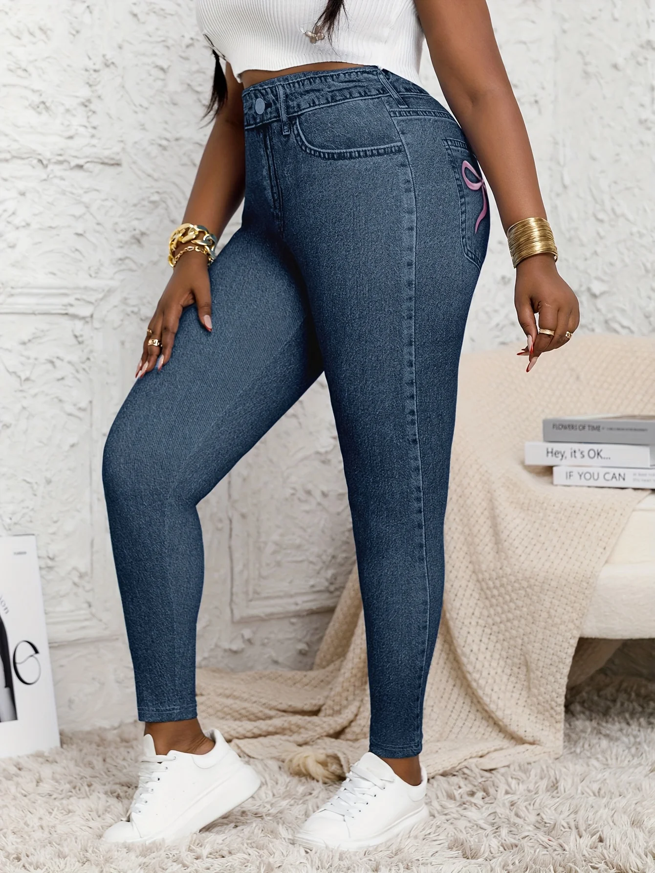 Plus Size Women's Stretch Denim High-Waisted Leggings with Full-Body Print - Casual Fitness Pants