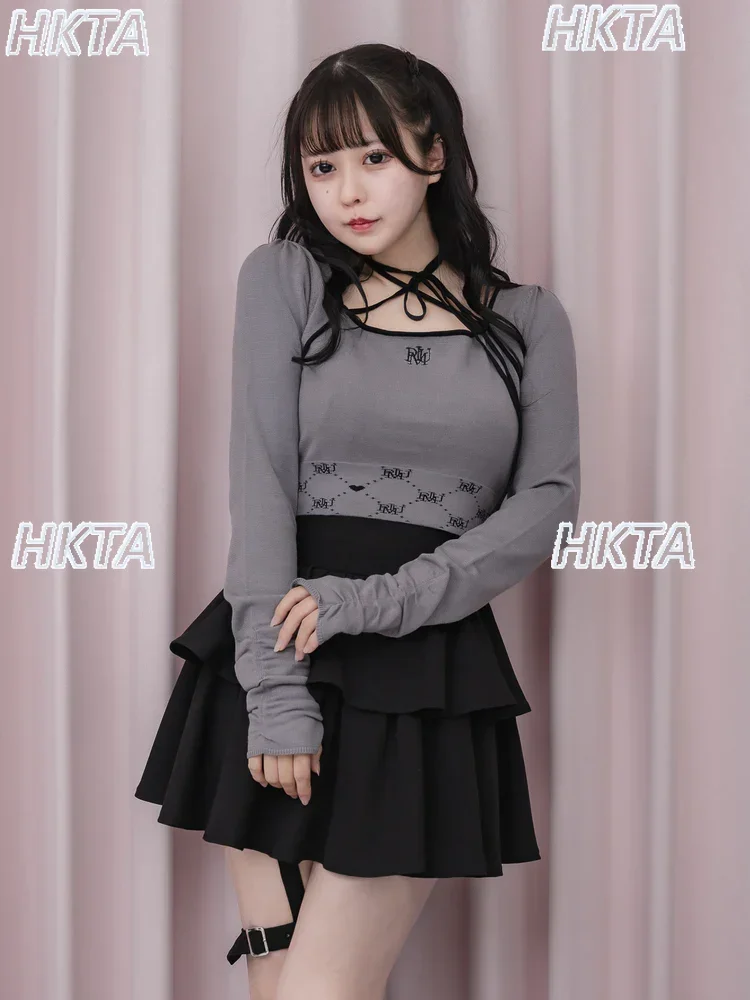 Japanese Sweet Jacquard Woven High Waist Splicing Strap Square Neck Long Sleeve Knitted T Shirt Women Commuter Tshirts Top