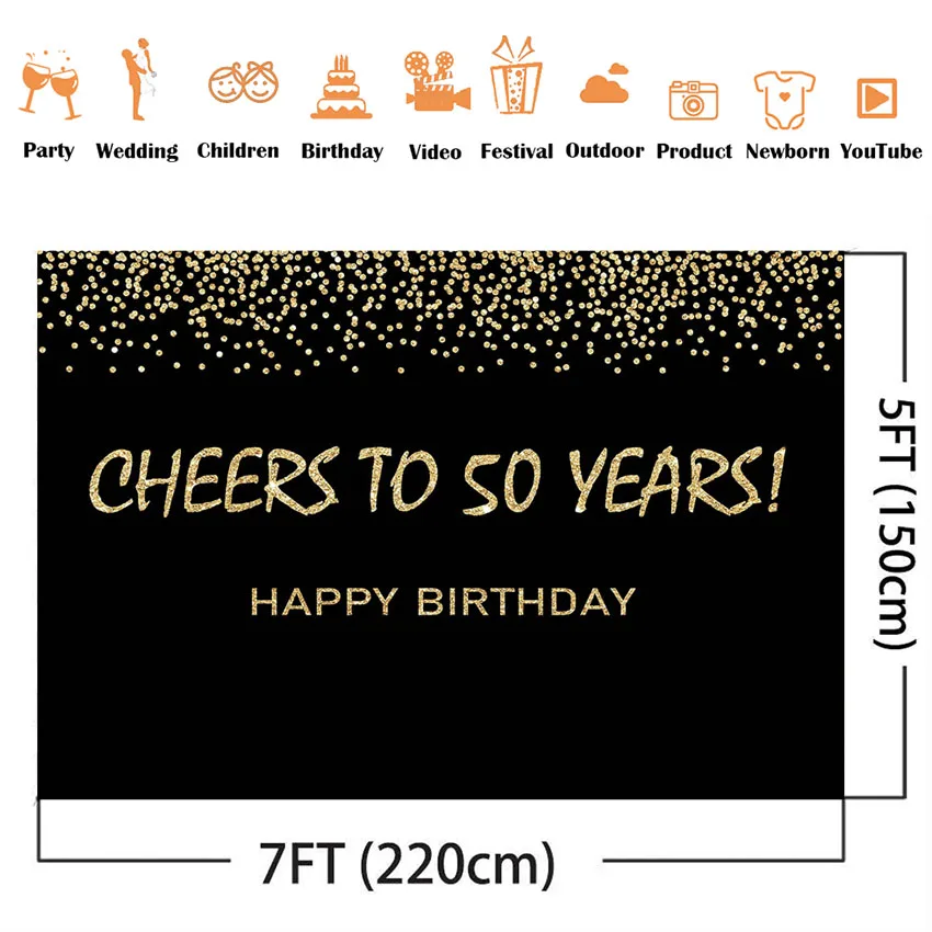 Cheers to 50 years happy birthday backdrop fifty fabulous theme party decoration supplies black gold glitter photo background