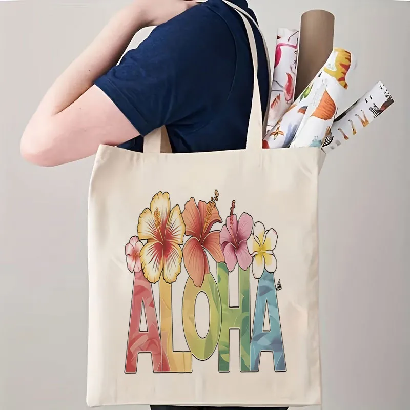 1pc Printed Canvas Bag, Tropical Hawaiian Style Floral Unisex Breathable Trucker Portable White Crossbody Bag with Closure. Suit