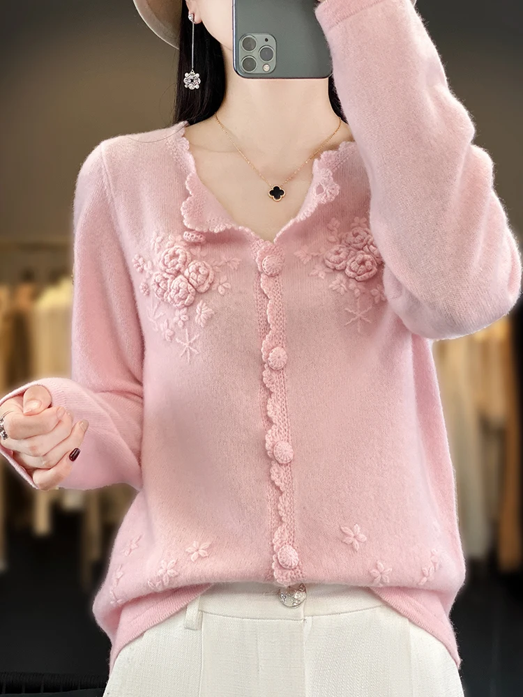 100% Merino Wool Sweater for Women V-neck Hand-Knitted Embroidered Cardigan Autumn Winter Cashmere Warmth Comfortable Clothing