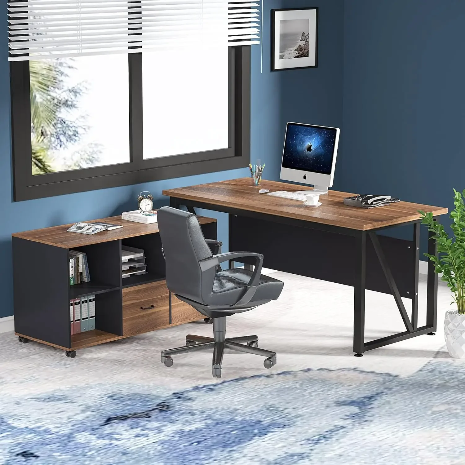 55 inches Executive Desk and lateral File Cabinet L-Shaped Computer Desk Home Office Furniture with Drawers and Storage Shelves