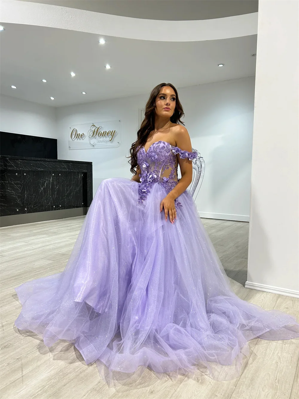 Jessica Purple Glitter Tulle Prom Dresses 3D Decal Fairy Wedding Dress A-line Corset Wedding Party Dresses 2024Vestidos De Noche