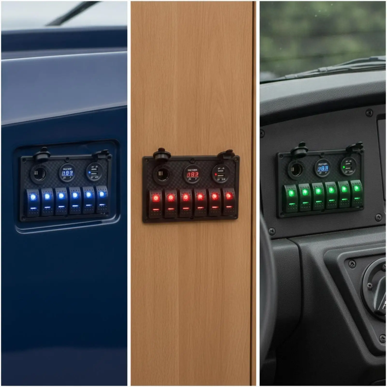 Boat Switch Panel 12V Waterproof 6 Gang Marine Rocker Switches with Round Voltmeter Cigarette Lighter Socket for Yacht