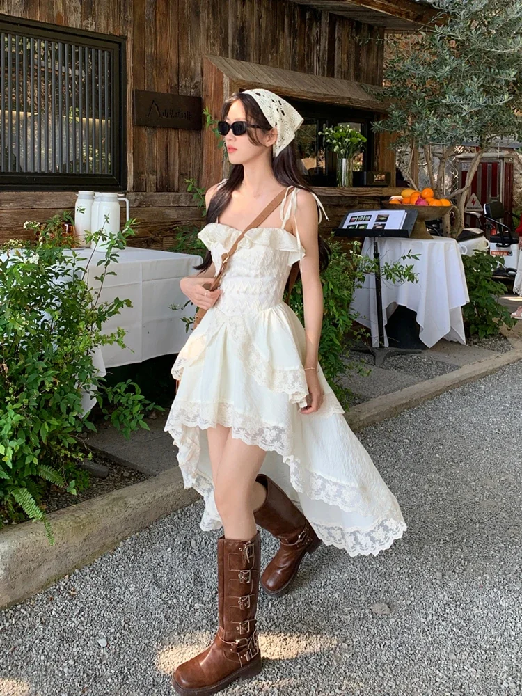 French Elegant Irregular Slip Dress Women Ruffles Designer Sexy Sweet Fairy Dress Female 2024 Summer Fashion Korean Party Dress