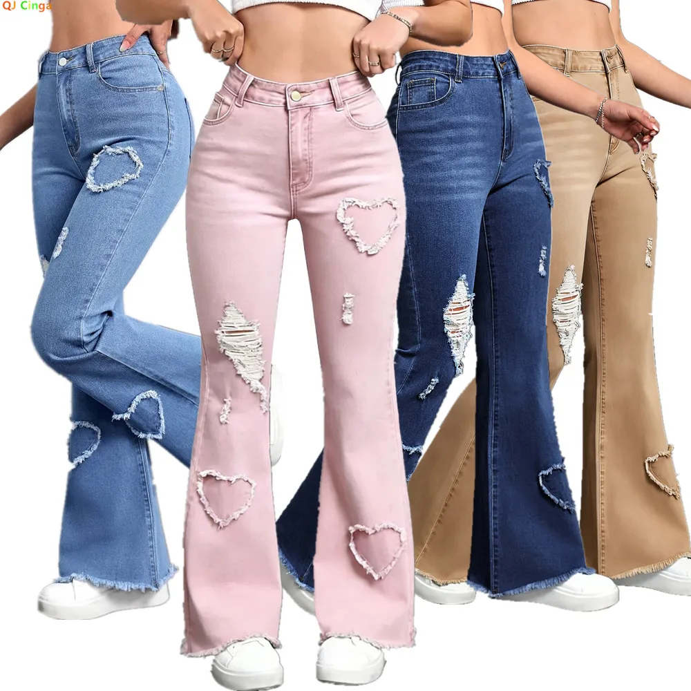 

2026 New Women's Pink Jeans, Blue Heart-Pattern Decorated Stretch Denim Trousers, Fashionable Flared Long Pants.