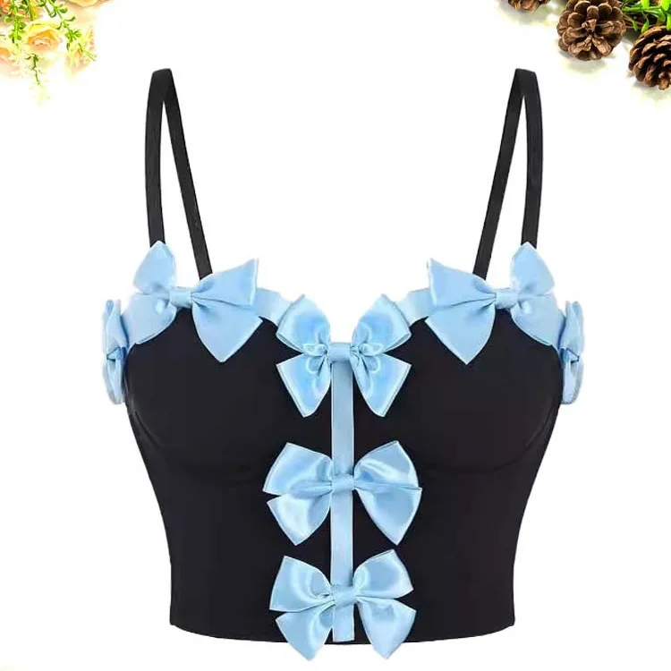 

customized women's adult light blue sweet bow decoration cute style bra interior design fishbone strapless tank top lingerie
