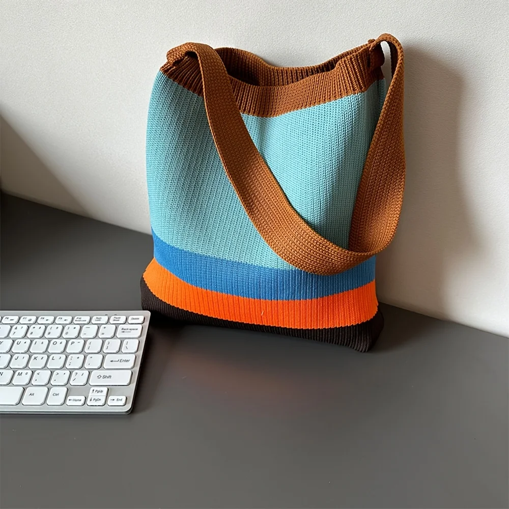 Neue Regenbogenfarbene Stricktasche im koreanischen Stil, einfache und vielseitige gestreifte Handtasche, Schultertasche, große Kapazität, Damentasche – Detail 6