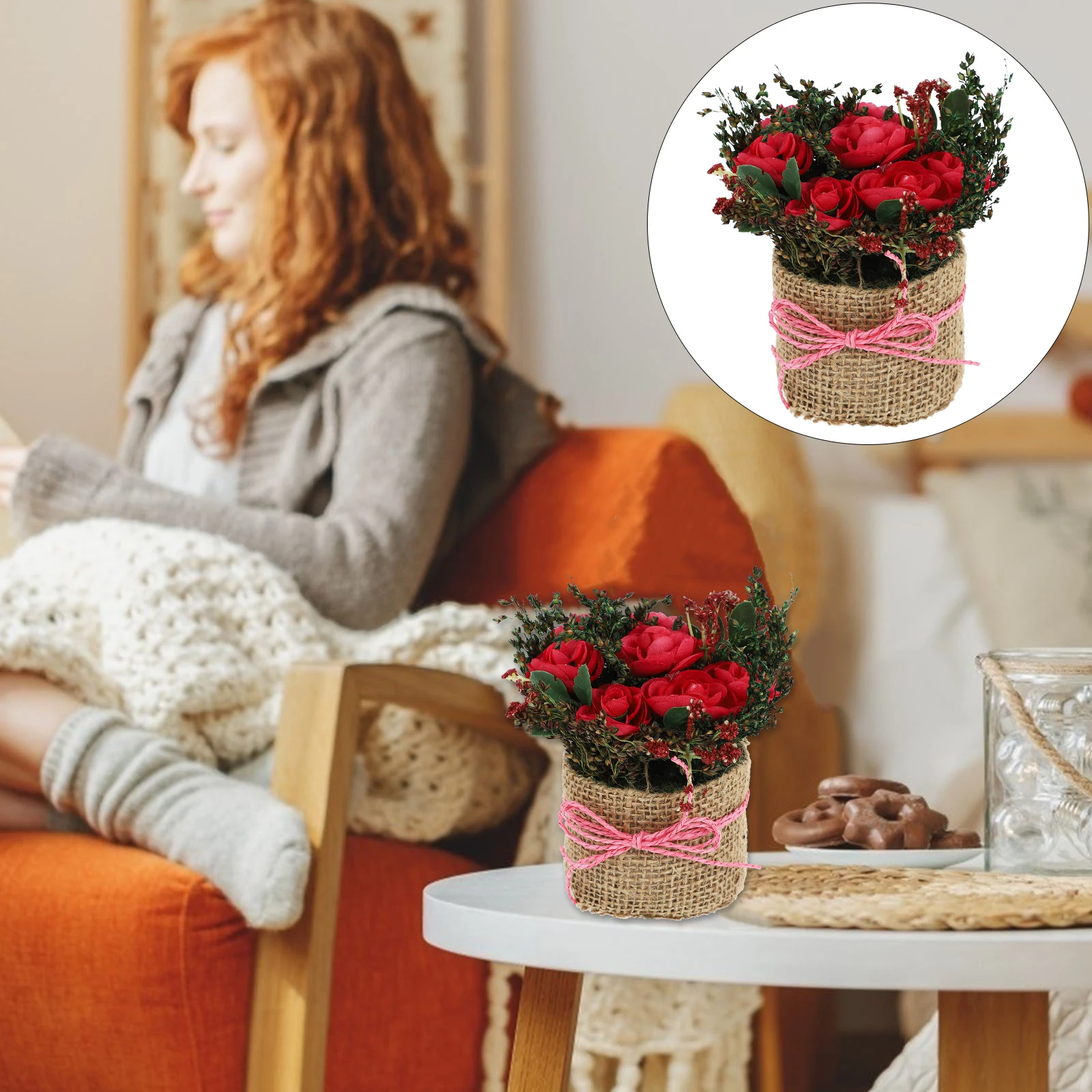 

Simulated Rose Bonsai Artificial Flower Decor Home Office Wedding Birthday Fake Plants Long Life Small Linen Pot