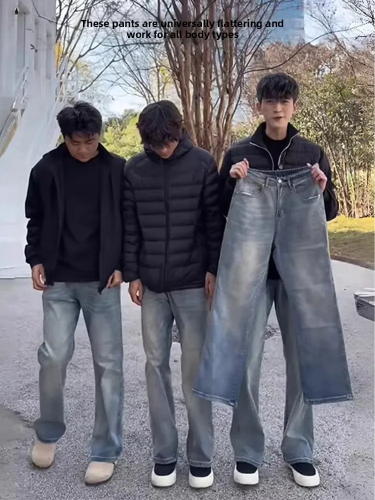 

Мужские джинсы-клеш в стиле ретро, синие, в американском стиле, прямого кроя, длинные брюки, зимняя повседневная одежда