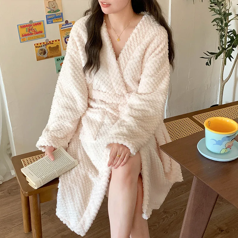 New Fall and Winter Sexy Female Facecloth Robe Homewear Pajamas Padded Thickened Coral Fleece Robe Pajama Pants Homewear Set