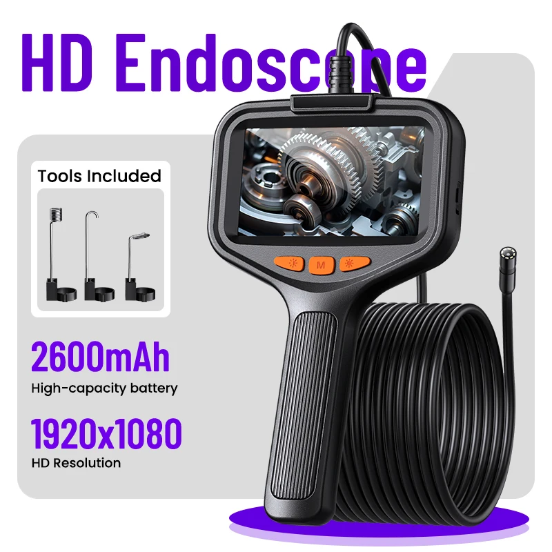 4.3'' IPS Screen Industrial Endoscope 8MM Probe 8LEDs Car Inspection Borescope Waterproof Plumbing Camera 2600mAh 5M Rigid Cable