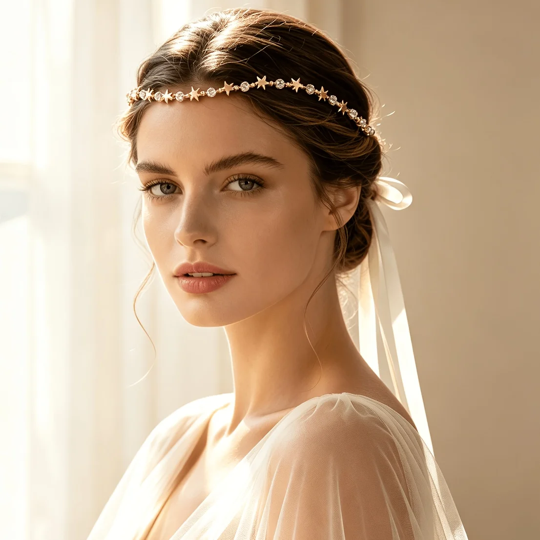 Adjustable Gold Star Rhinestone Bridal Headband, Wedding Banquet Bridesmaid Evening Gown Hair Accessory