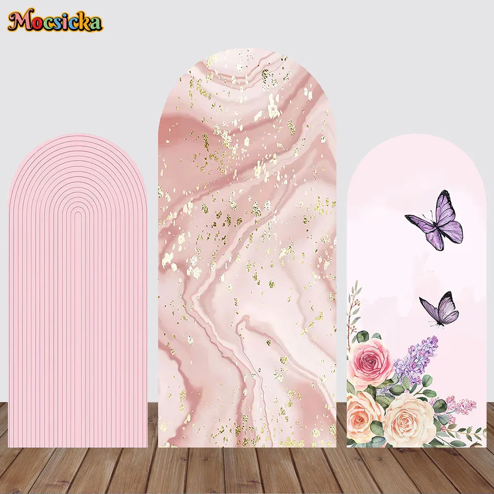 Happy Birthday Double-Sided Fitted Top Covers Marble Texture Butterfly Decorative Background Baby Shower Backdrops Photocall