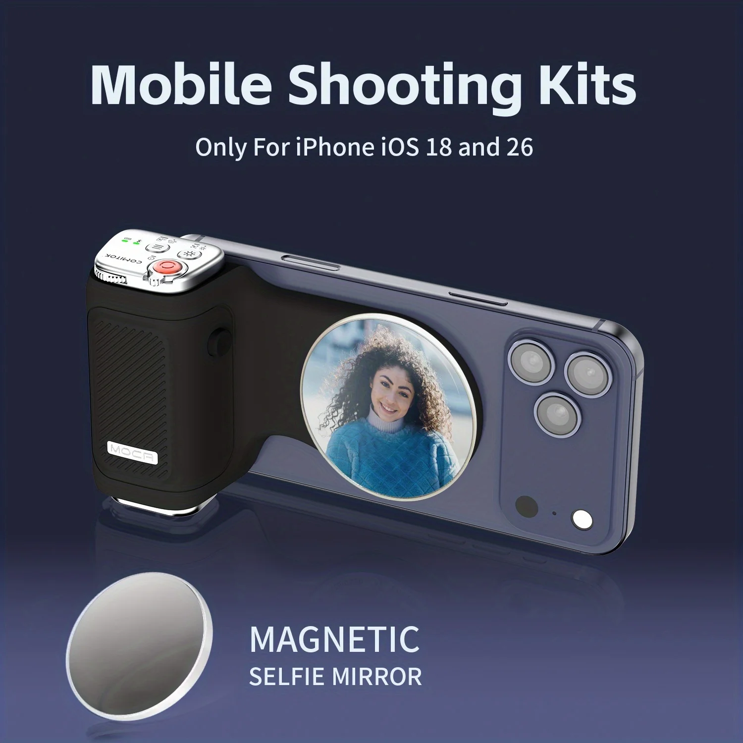 COMITOK MOCA Selfie Booster for iPhone Pro,Ergonomic Grip,DSLR Shutter/Rechargeable remote control +Optional Mirror/Fill Light