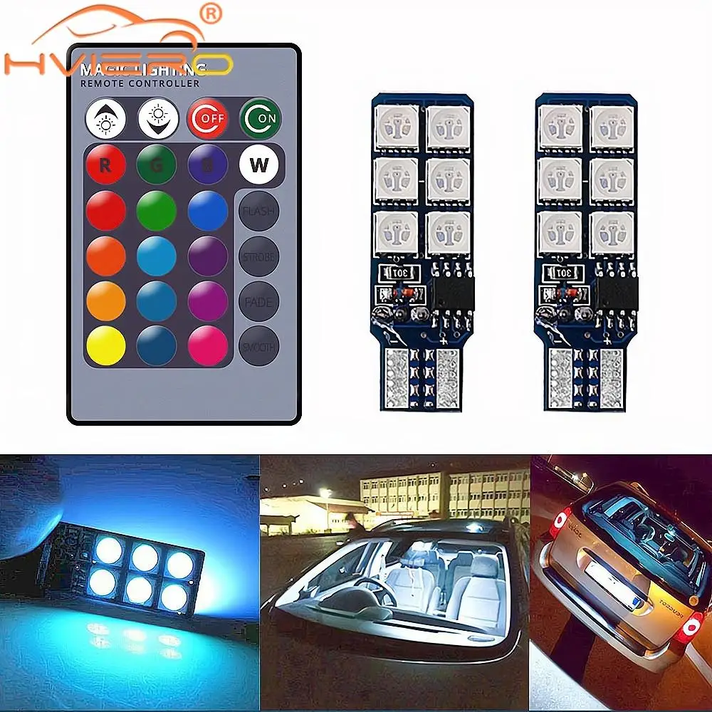 2X Auto Interior Decoration LED T10 W5W Atmosphere Car Light RGB Remote Controller Colorful Reading Door Side Marker Tail Backup