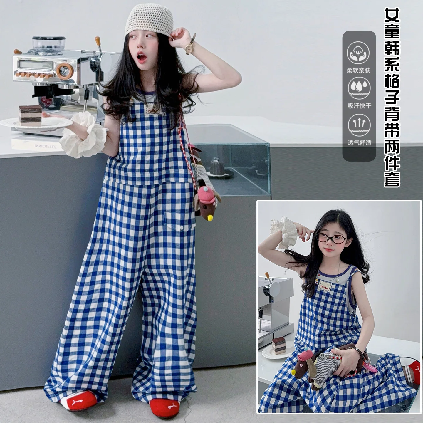 Girls Clothes Sets Size 4-14Y Summer New Jumpsuit Girls Cute Fashion Blue and White Checkered Clothes 2 Pc Children Daily Outfit