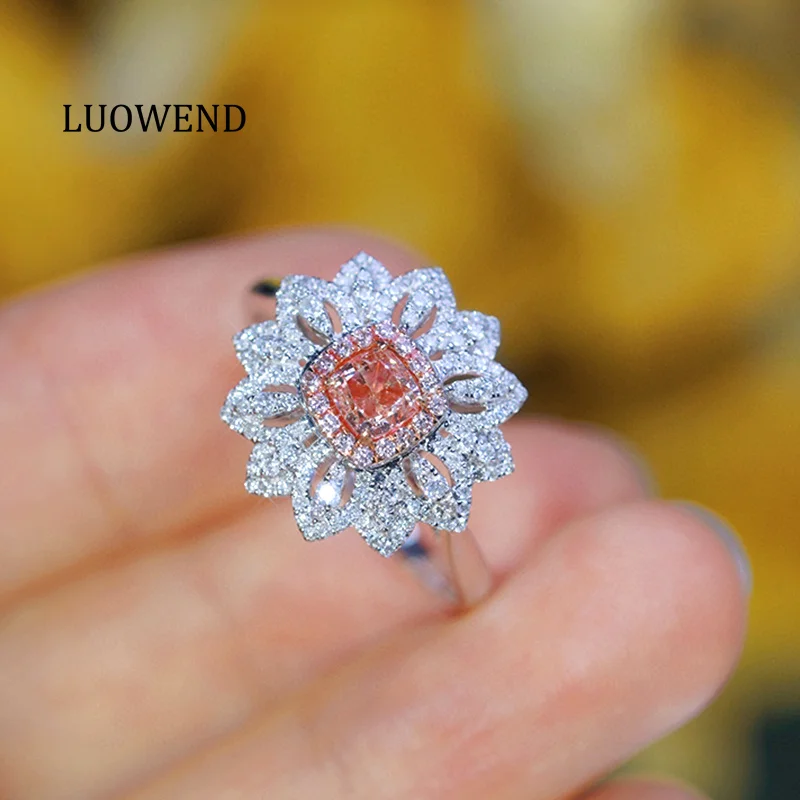 LUOWEND 100% 18K White Gold Rings Luxury Flower Shape Real Natural Pink Diamond Engagement Ring for Women Senior Banquet