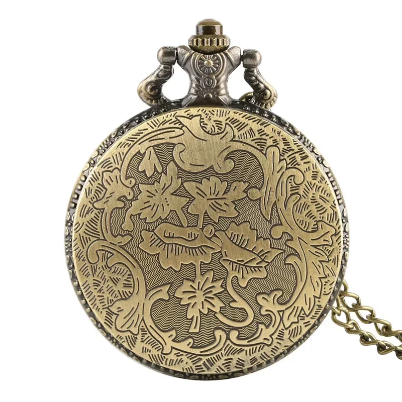 Bronze Polish Eagle Pattern Men Women Quartz Analog Pocket Watch Pendant Necklace Chain Arabic Number Display