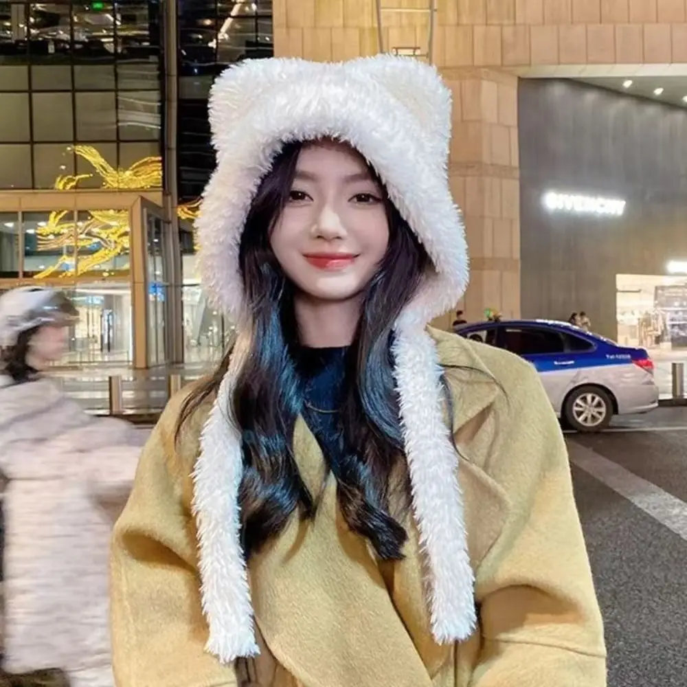 Soft Lace-up Bear Ears Knit Hat Slouchy Cold-proof Ear Protection Hat Fleece Lined Thick Beanie Cap Cold Weather