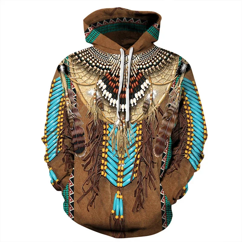 

Retro Ethnic Pattern Hoodie For Men Tribal Costumes 3D Printed Long Sleeves Casual Pullover Street Tops Hoodies Loose Sweatshirt