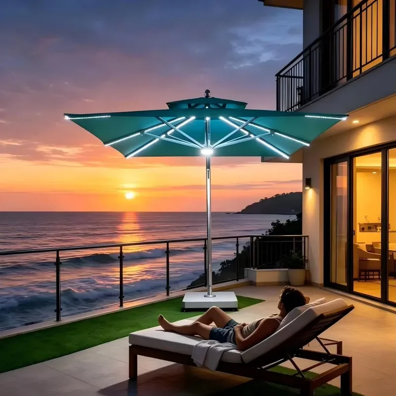 Double Tier Solar Cantilever Umbrella Solar Led Offset Patio Umbrella for Backyard Pool Side Outdoor Leisure