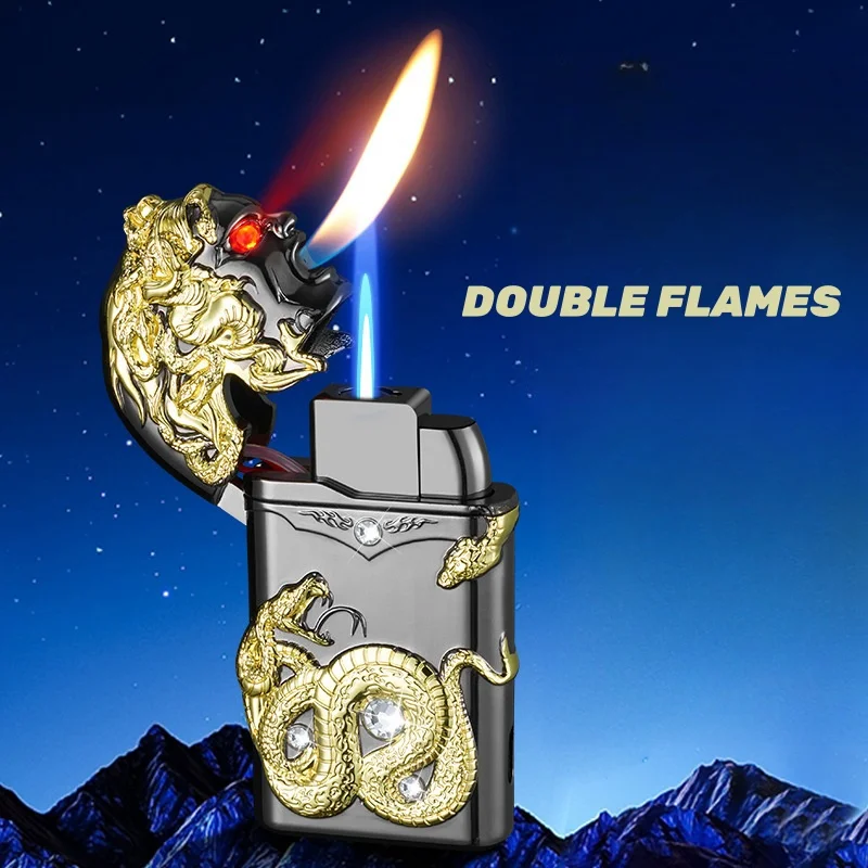 Medusa-Windproof Metal Lighter with Double Flames, 3D Relief LED Light, Personalized, Direct Blue Flame, Open Fire, Cool, New