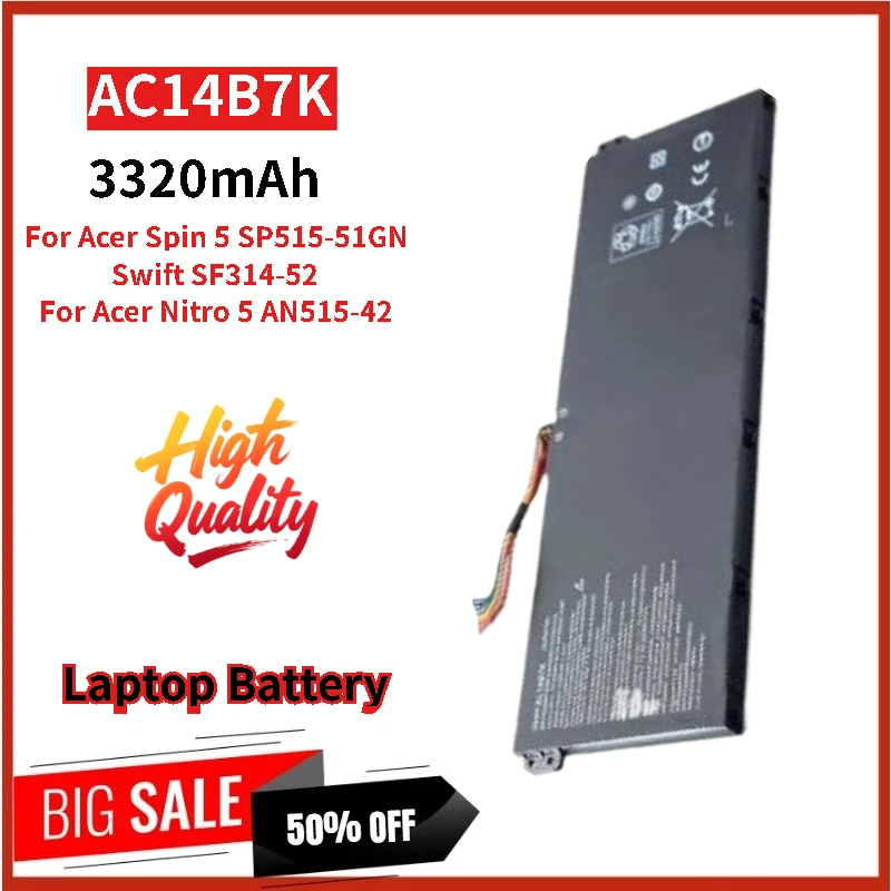 

100% New AC14B7K Replacement Laptop Battery 15.28V 50.7Wh 3320mAh For Acer Spin 5 SP515-51GN Swift SF314-52 Nitro 5 AN515-42