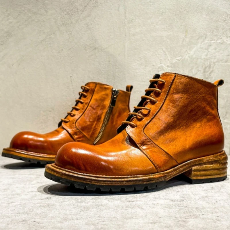 British Washed Horsehide High-top Boots Shoes Men's Breathable Genuine Leather Sole Goodyear Hand-sewn Side Zipper Tooling Boots