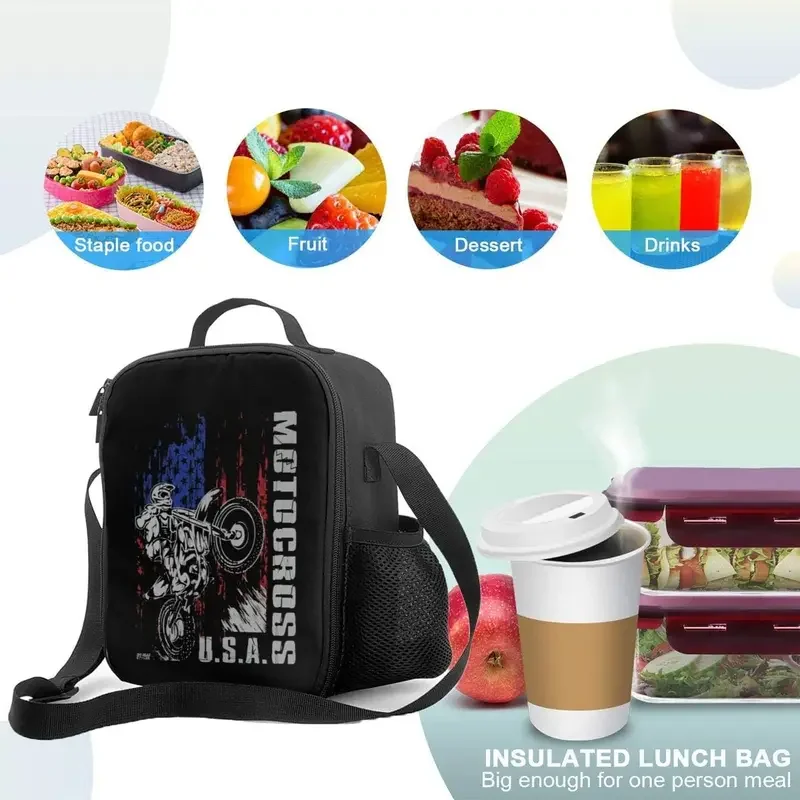 Motocross U.S Flag Print Reusable Insulated Lunch Box with Shoulder Strap Picnic Cooler Food Bag Portable Thermal Bento Tote Bag