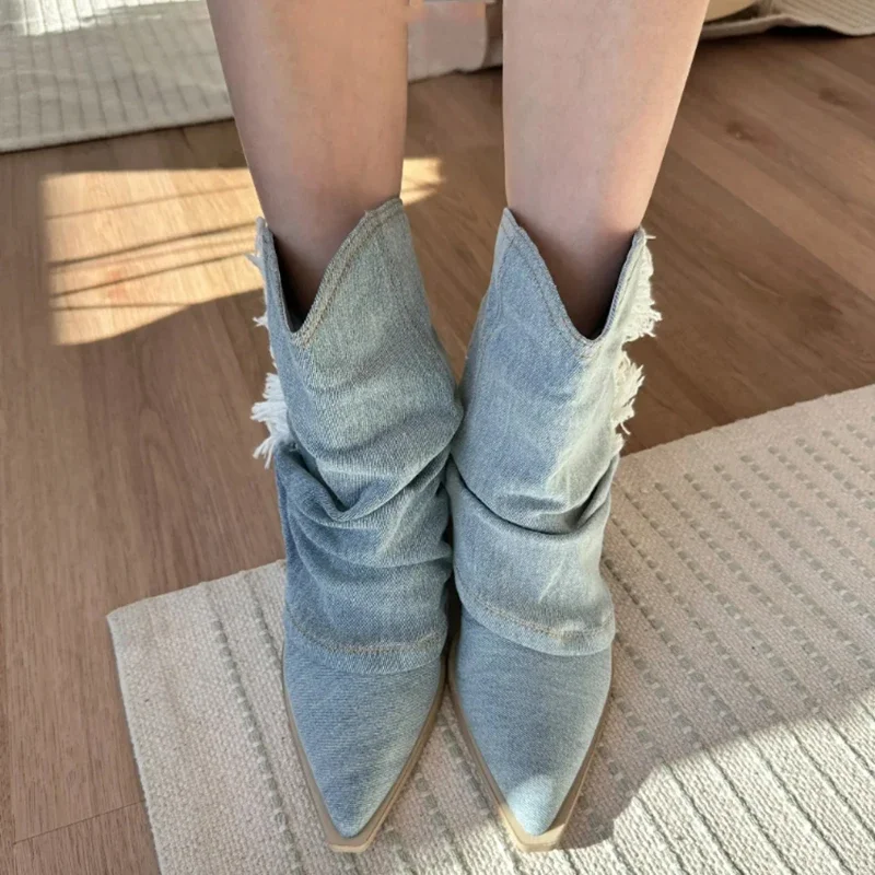 Pointed Toe Denim Women Western Cowboy Boots Fashion Slip On Short Booties Retro Style Autumn Winter Female Shoes