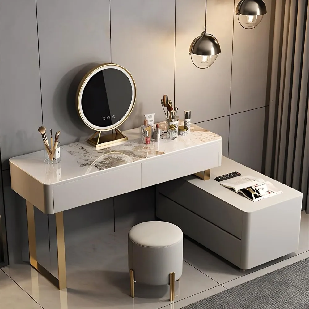 Makeup Vanity Table with Lighted Mirror, Vanity Desk with Slate Tabletop and Solid Wood Frame, 4 Drawers, Stool, Side Cabinet