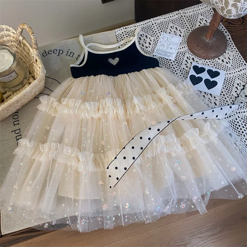 

Children's Clothing2024New Summer Girls' Sling Stitching Mesh Dress Baby Girl Trendy Princess Skirt-WS