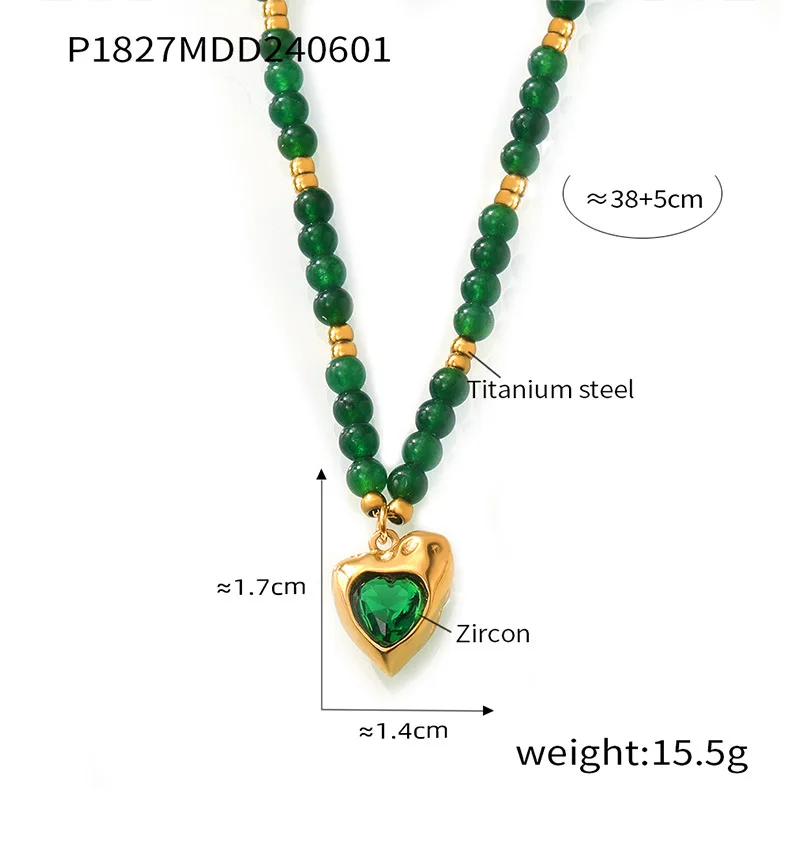 Natürliche Grüne Achat-Perlenkette Halskette für Damen Luxuriöser Zirkon-Herzanhänger Vintage-Halskette Accessoires Edelstahl-Schmuck – Detail 1