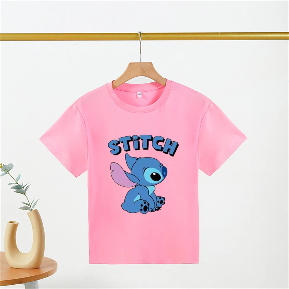 3-10Y Girls Disney Stitch T Shirts Sets Summer Cute Cartoon Short Sleeve Children's Casual Boys Clothing Tees T-shirt Kids' Top