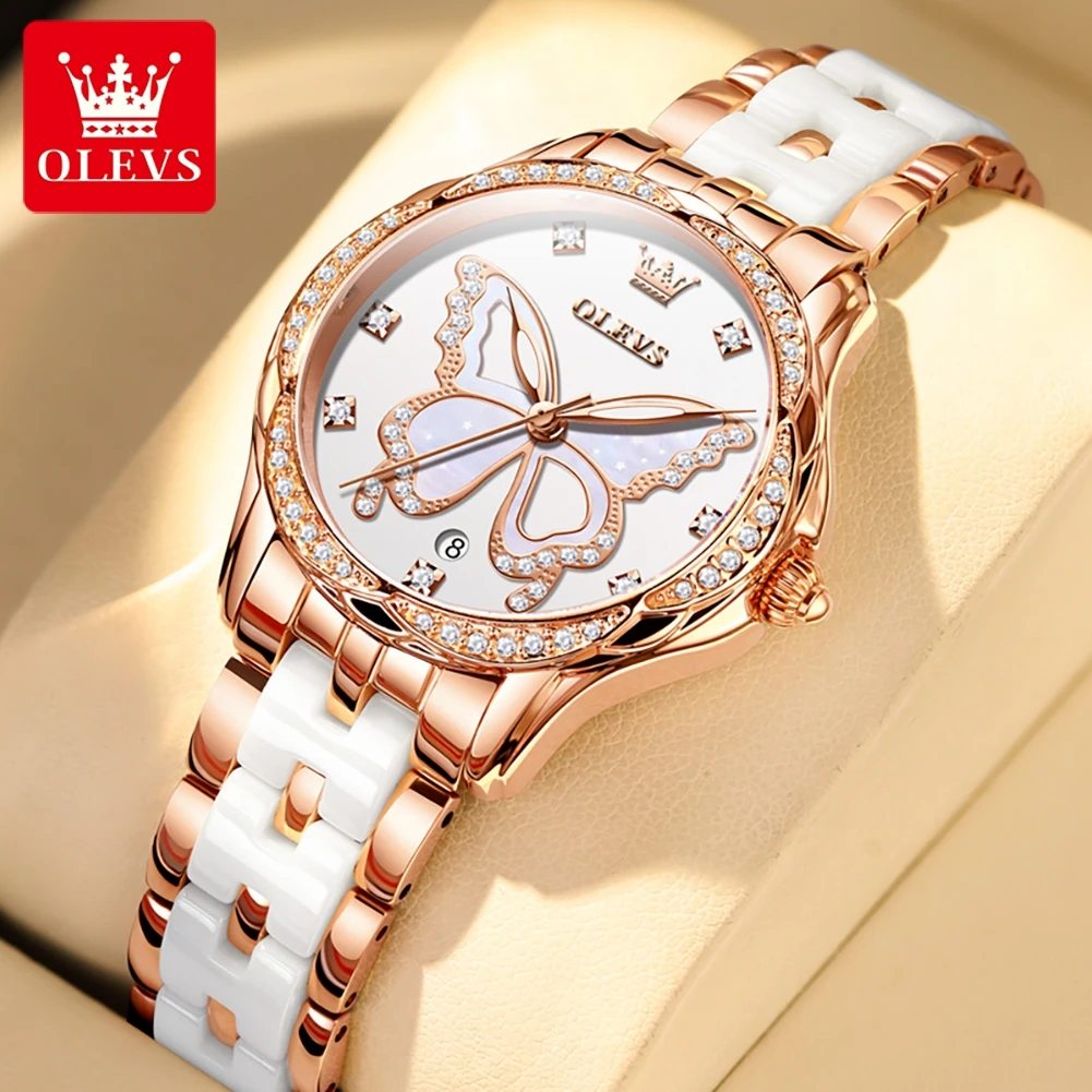 OLEVS 5610 Business Quartz Watch For Women Import Movement Ceramic Steel Strap Wristwatch Waterorof Diamond Dial Ladies Watches