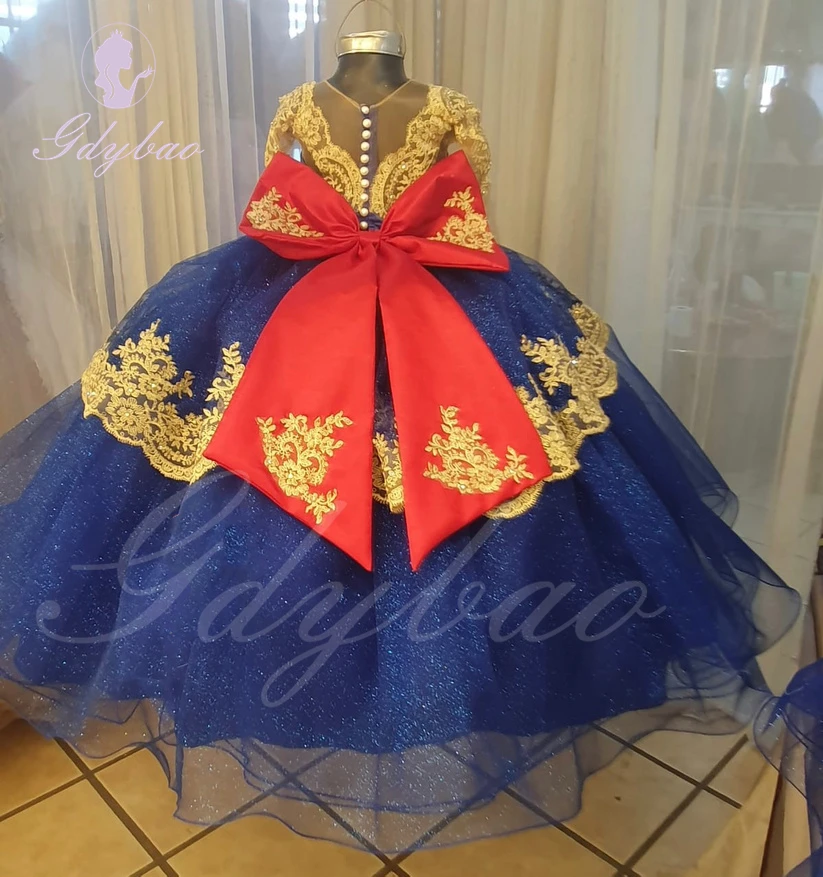 Vestido de princesa azul real para niña de flores para boda, tul de encaje dorado con lazo grande hinchado, vestido de baile de primera comunión de cumpleaños para niños