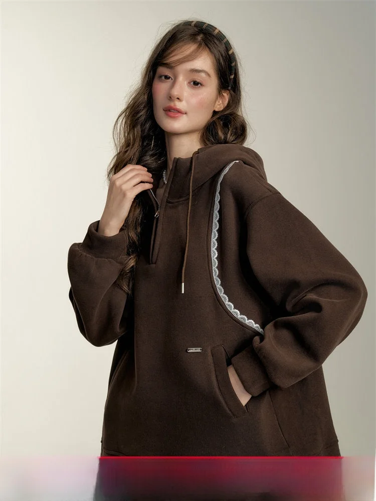 

Chill Zoe Briti Sle Lace Hoodie Women's Faionable Trendy Top Cotton Blend Long Sve round Ne Sweatirt